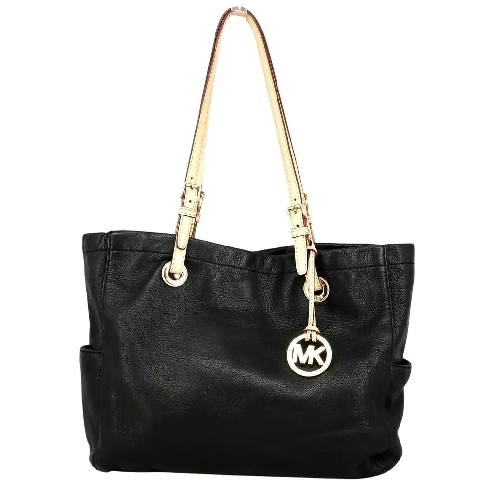 Michael Kors Bag Womens Black Pebbled Leather Tote Handbag Charm Double Handle